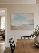 Textured abstract ocean painting in ivory, beige, and soft blue