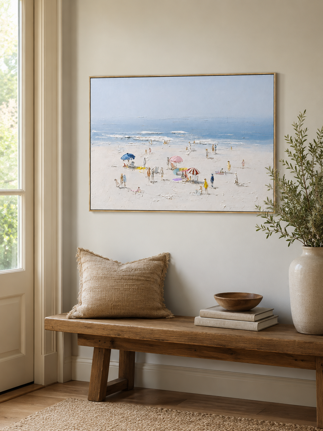 Textured impressionist seaside painting with families enjoying the shore