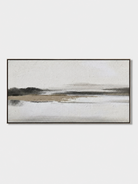 Hand-painted neutral landscape wall art with an ivory sky, charcoal horizon and beige shoreline by Evelyn Li