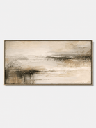 Hand-painted neutral abstract landscape wall art in beige, taupe and charcoal with a misty wetland horizon by Evelyn Li