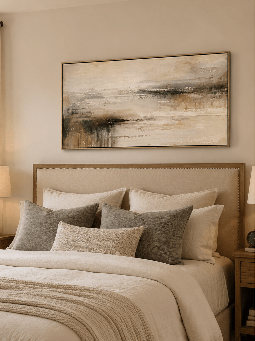 Panoramic beige landscape painting with a misty taupe shoreline