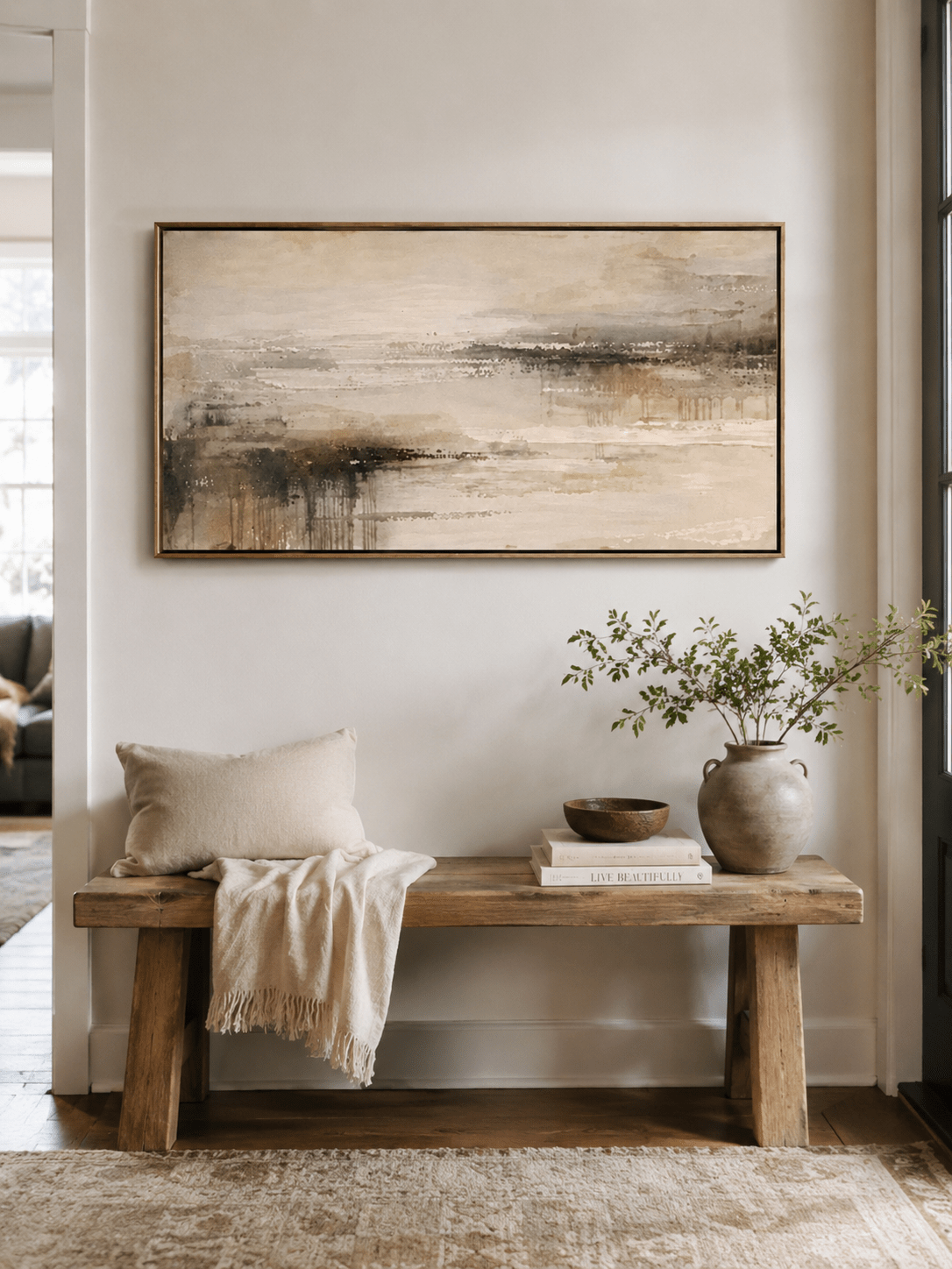 Wabi-Sabi horizon painting with warm earth-tone texture