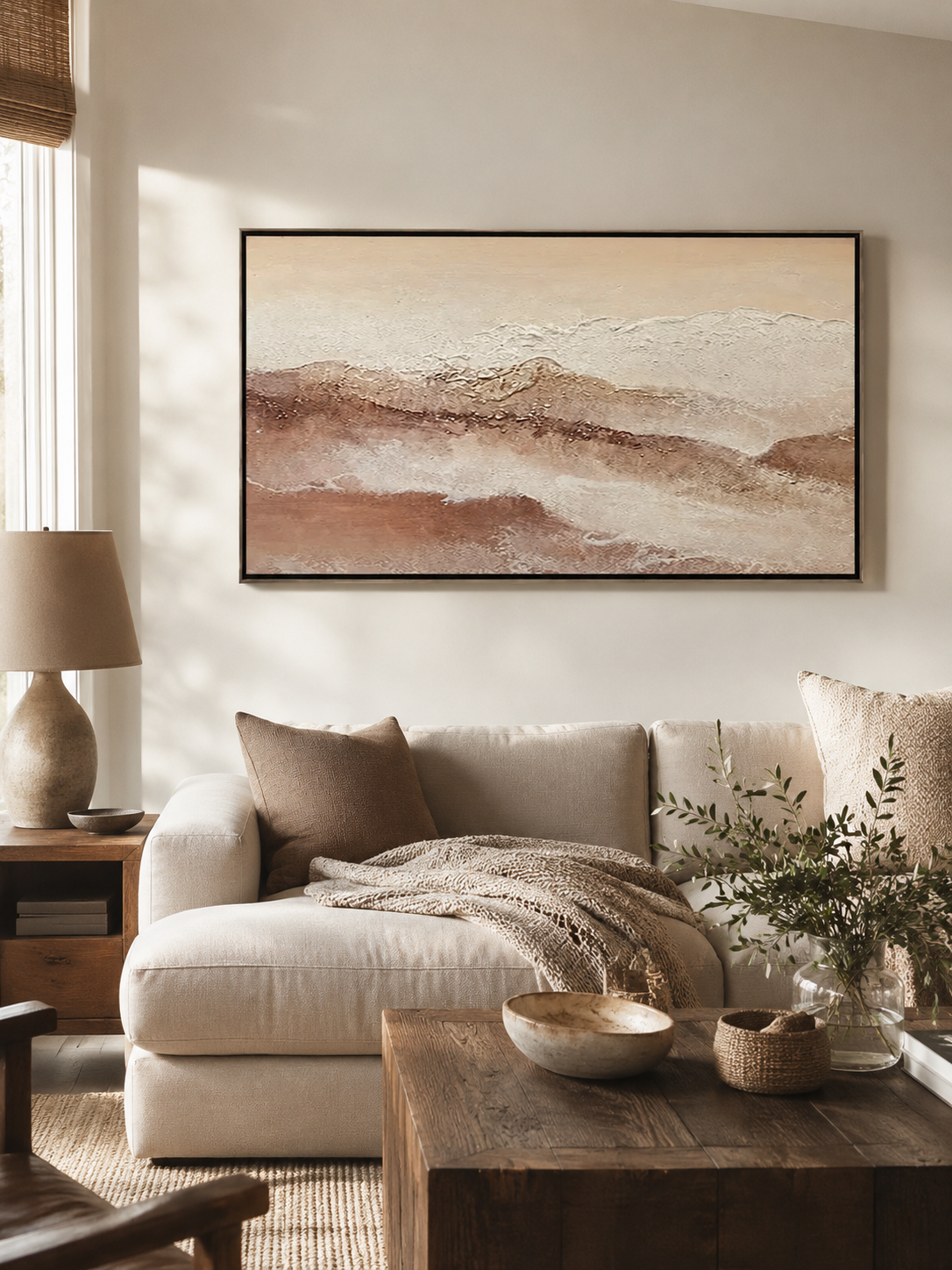 Panoramic abstract desert landscape wall art in soft neutral tones