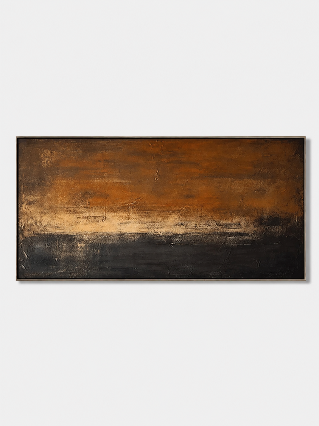 Hand-painted burnt orange and black abstract wall art with a textured panoramic horizon by Akari Kobayashi