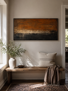 Earth-tone panoramic canvas in rust orange, ochre and charcoal