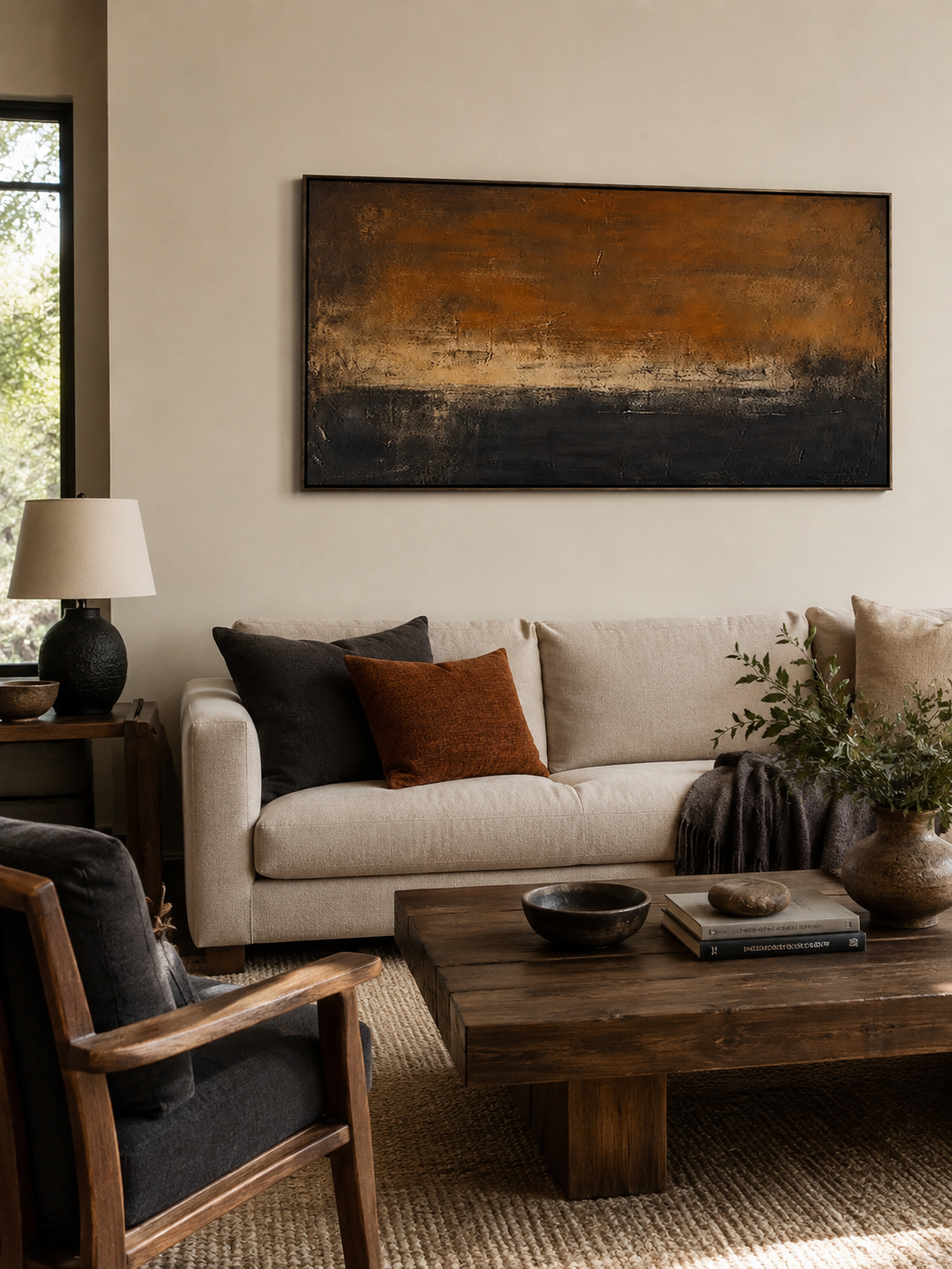 Industrial abstract wall art displayed above a modern beige sofa