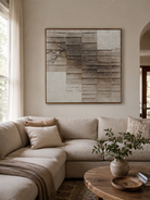 Wabi-Sabi textured wall art displayed above a neutral living-room console