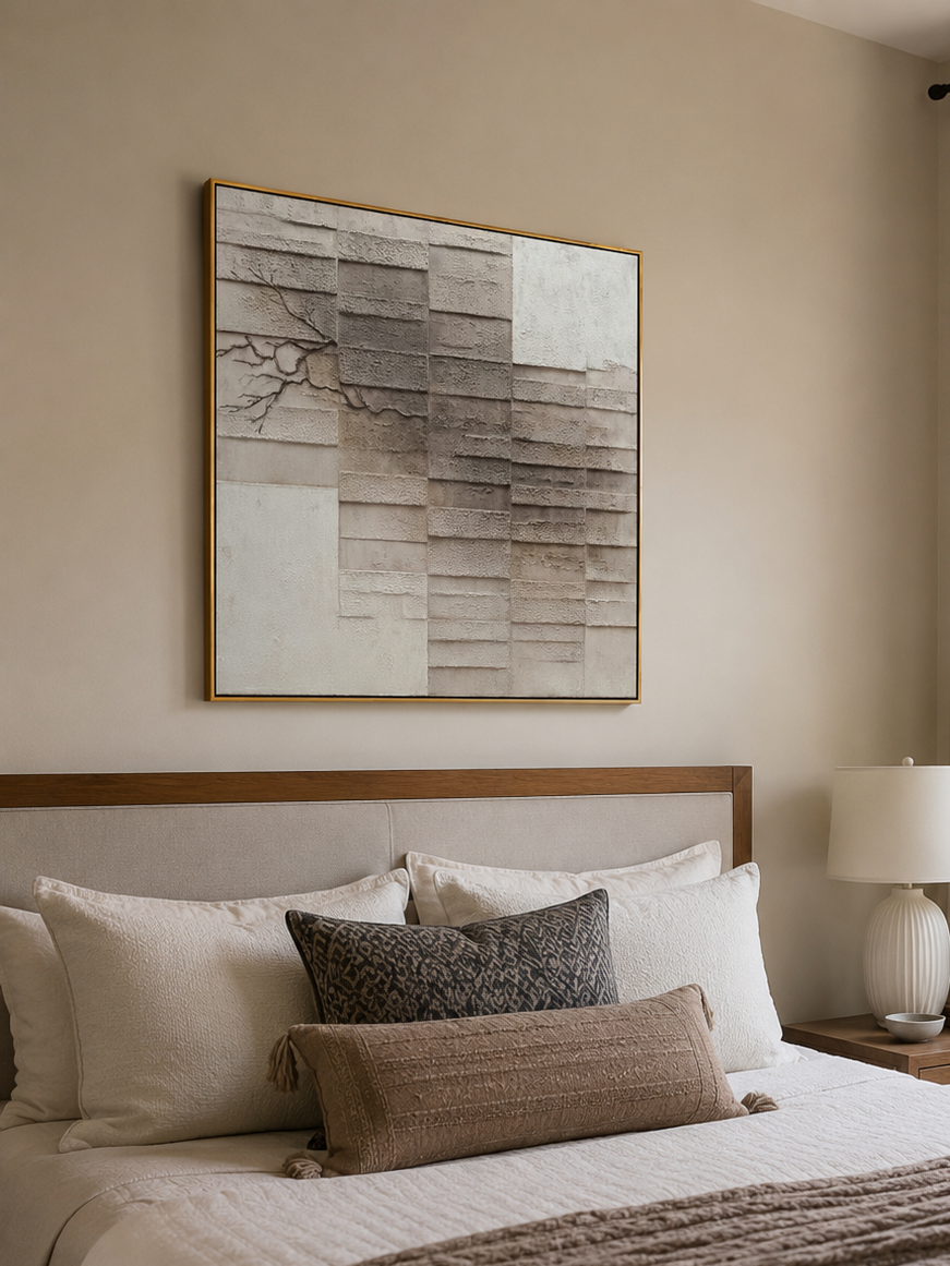 Neutral architectural wall art with layered rectangular plaster texture