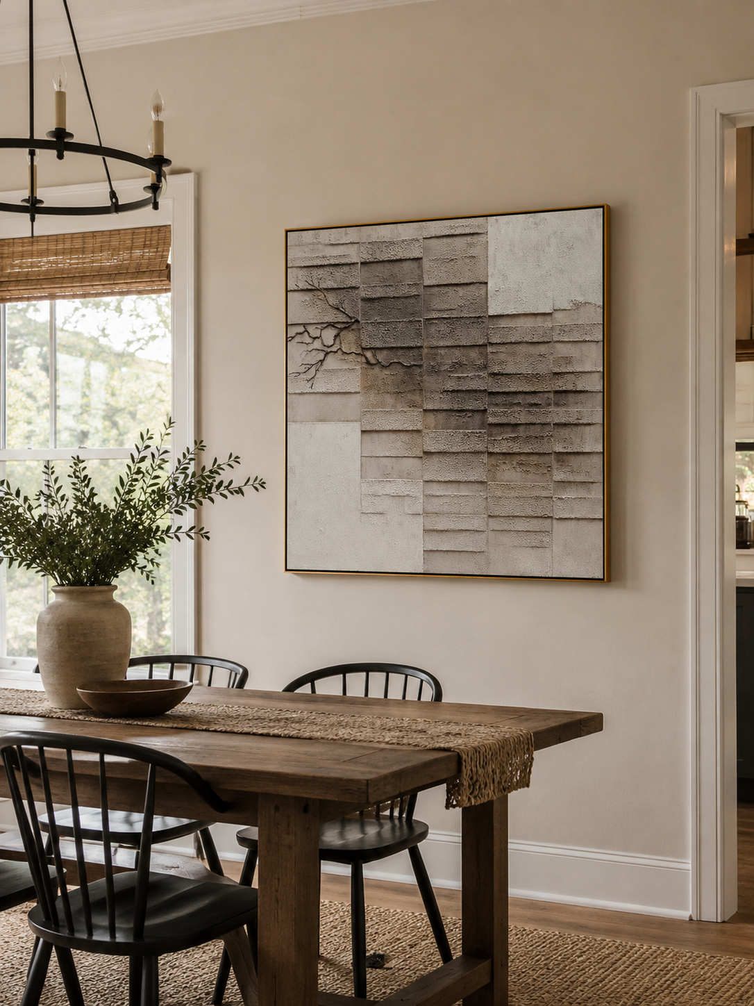 Square geometric abstract painting in ivory, greige and taupe