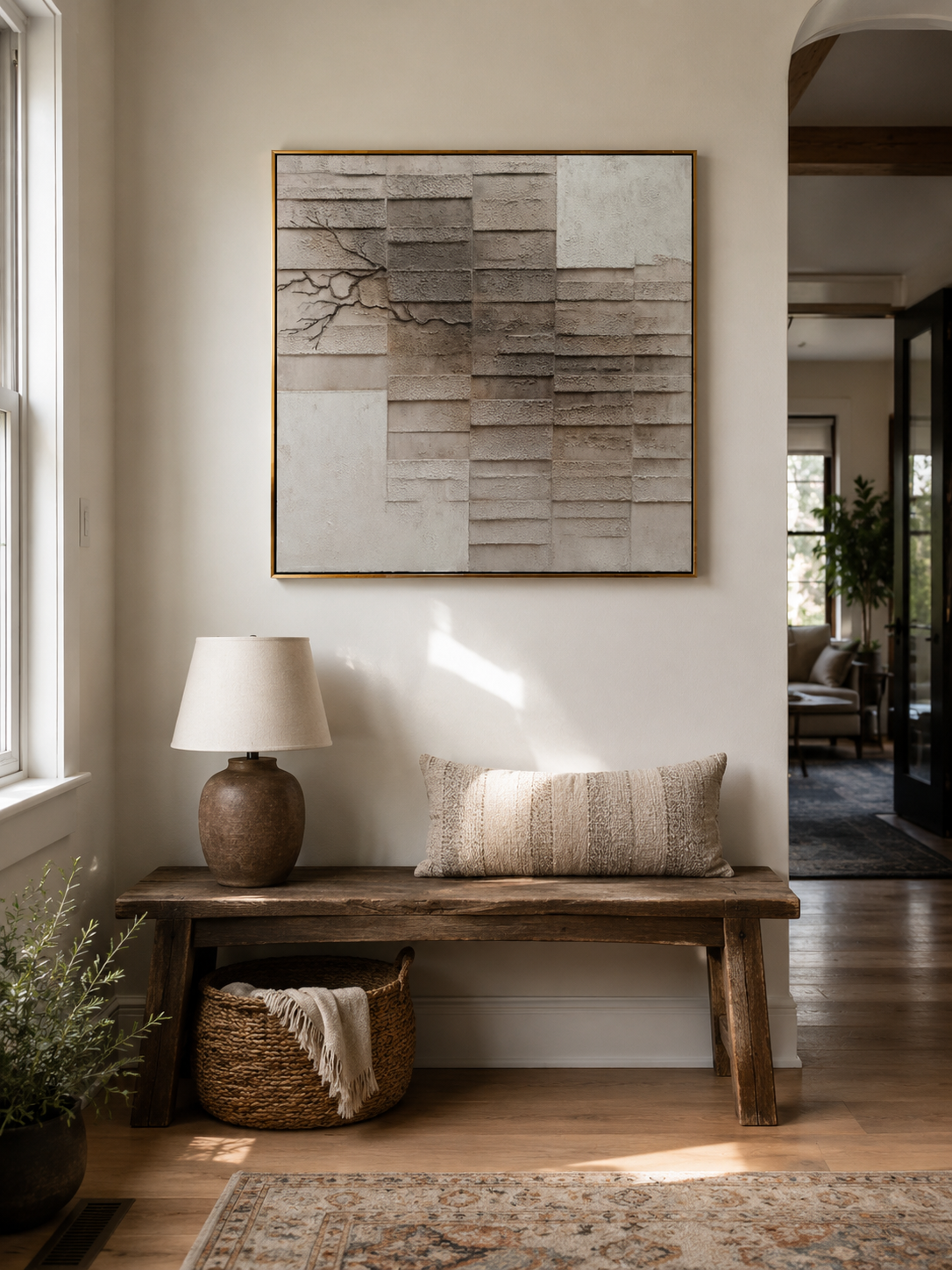 Modern relief wall art with weathered geometric blocks in earth tones