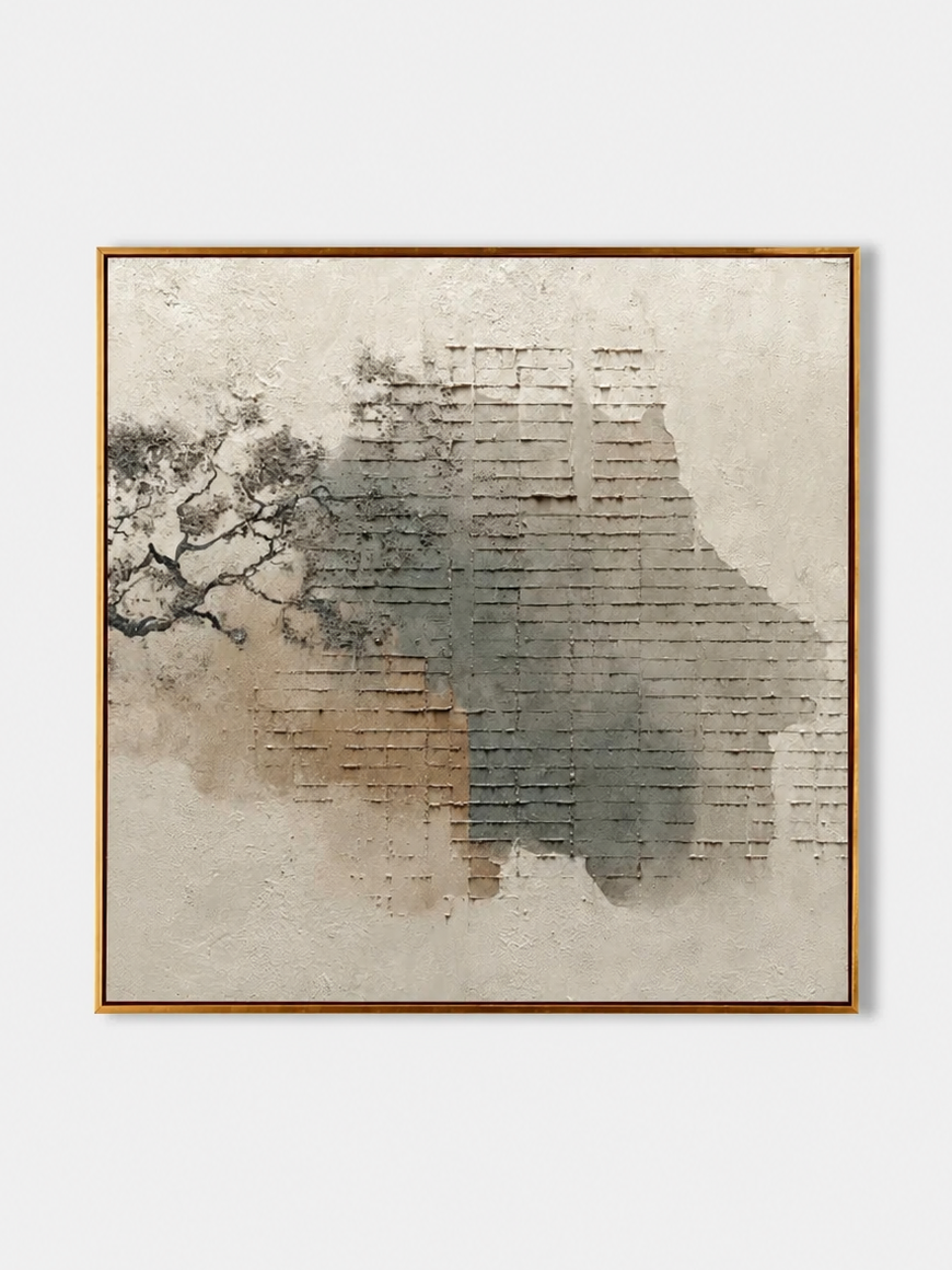 Hand-painted neutral textured geometric wall art with layered ivory, taupe and grey architectural relief by Eliot Vermeer