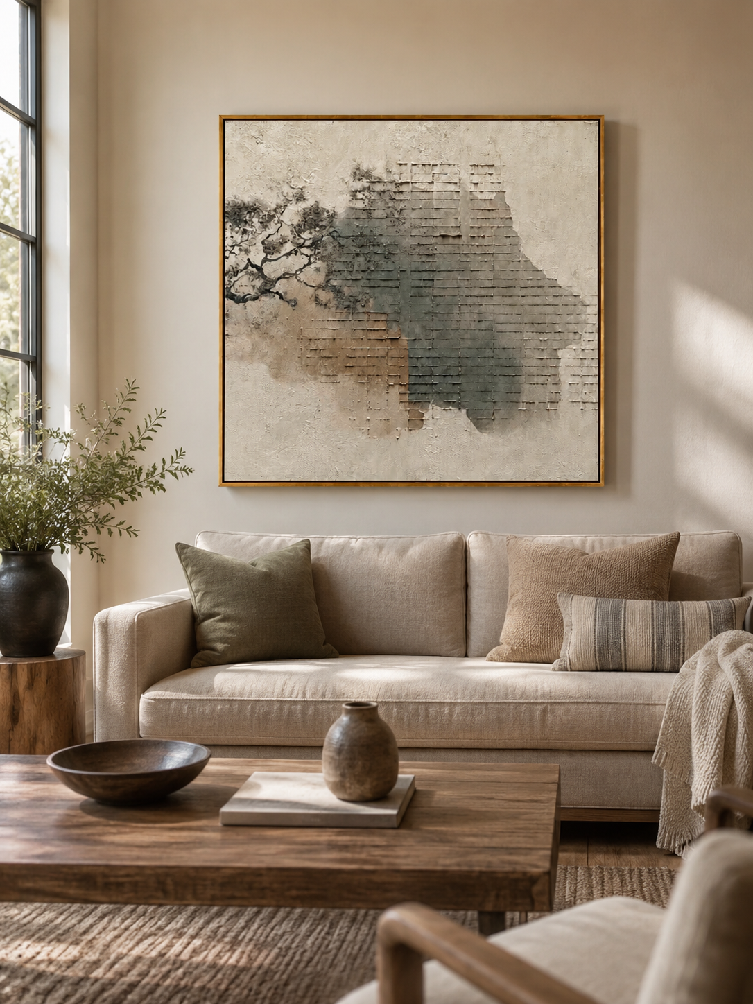 Wabi-Sabi geometric wall art displayed above a neutral console table