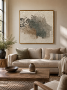Wabi-Sabi geometric wall art displayed above a neutral console table