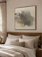 Square neutral abstract painting with layered geometric plaster texture