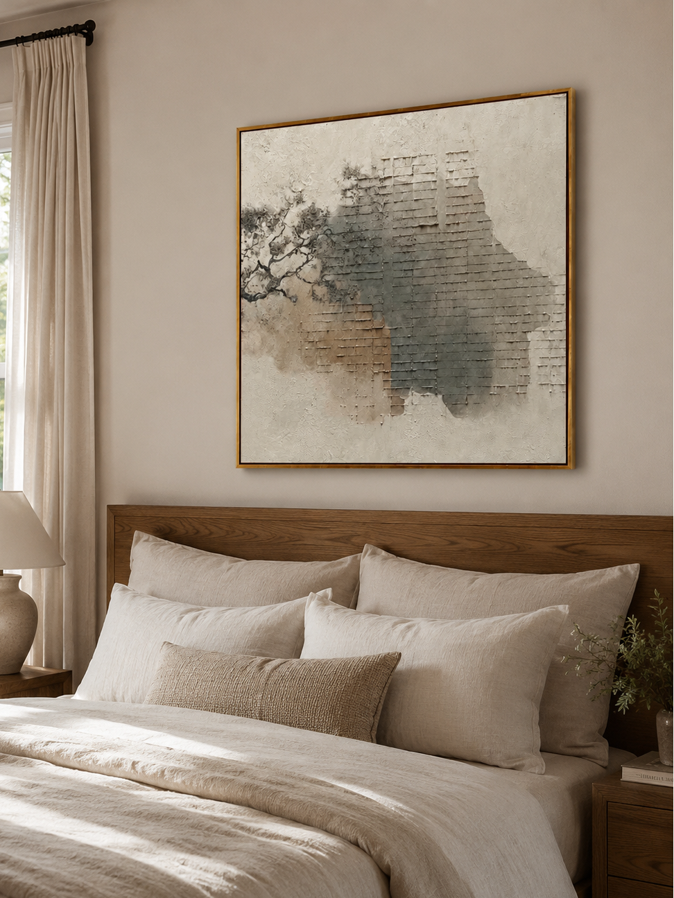 Square neutral abstract painting with layered geometric plaster texture
