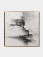 Wabi sabi lone tree hand-painted wall art in soft white, gray and charcoal tones on a clean white background