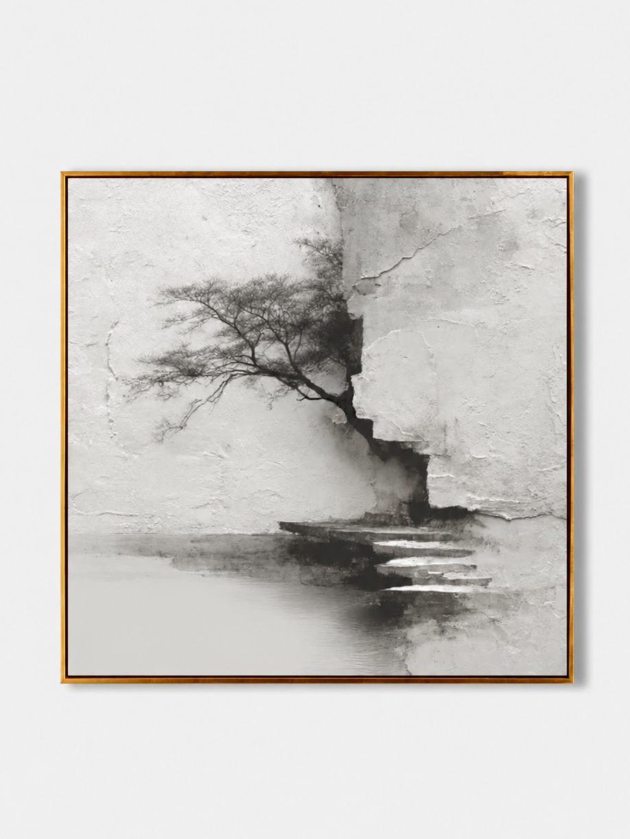 Wabi sabi lone tree hand-painted wall art in soft white, gray and charcoal tones on a clean white background
