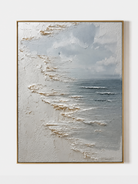 Hand-painted minimalist textured ocean waves wall art in soft white and blue-gray tones on a clean white background
