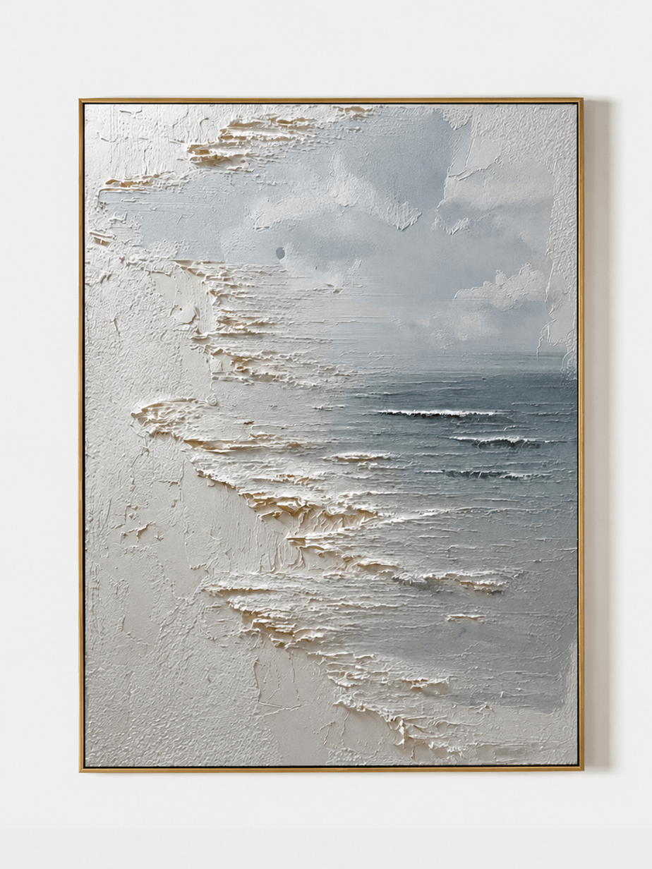 Hand-painted minimalist textured ocean waves wall art in soft white and blue-gray tones on a clean white background