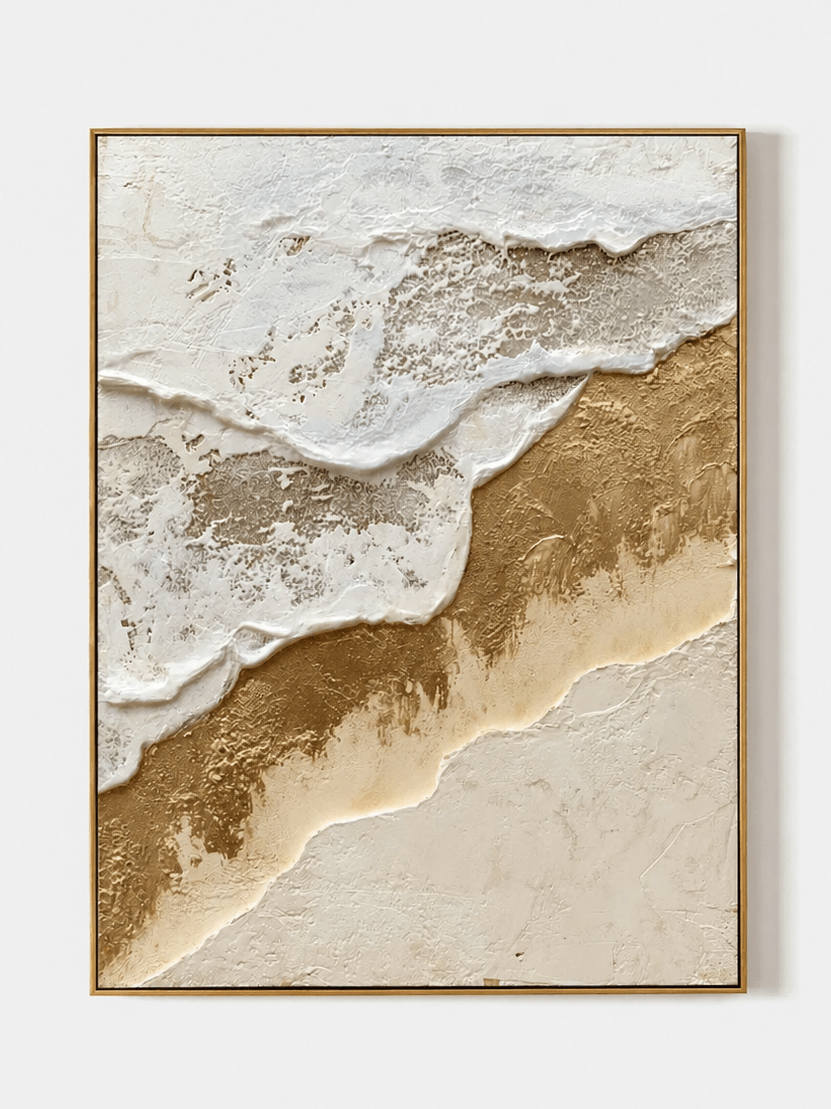 White and gold textured ocean waves wall art by Leo Liang on a clean white background