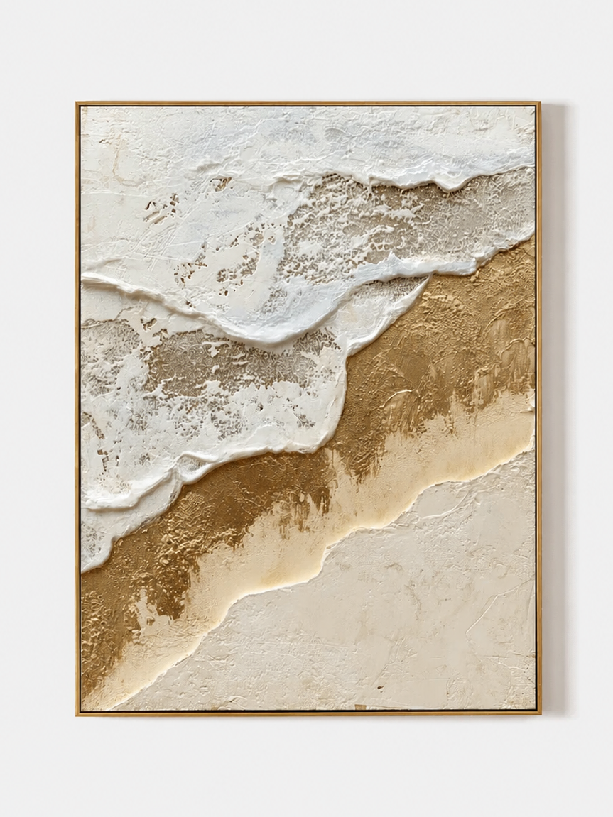 White and gold textured ocean waves wall art by Leo Liang on a clean white background