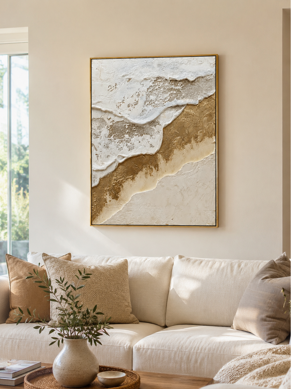 Gold textured ocean waves wall art displayed in a neutral modern living room
