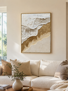 Gold textured ocean waves wall art displayed in a neutral modern living room