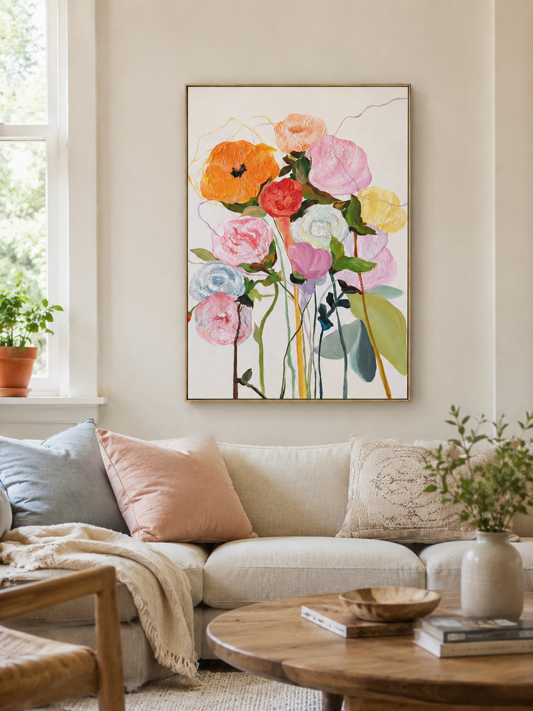 Colorful textured floral wall art displayed above a neutral sofa in a contemporary living room