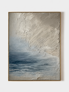 Hand-painted neutral ocean wall art with ivory texture and blue-gray waves on a white background