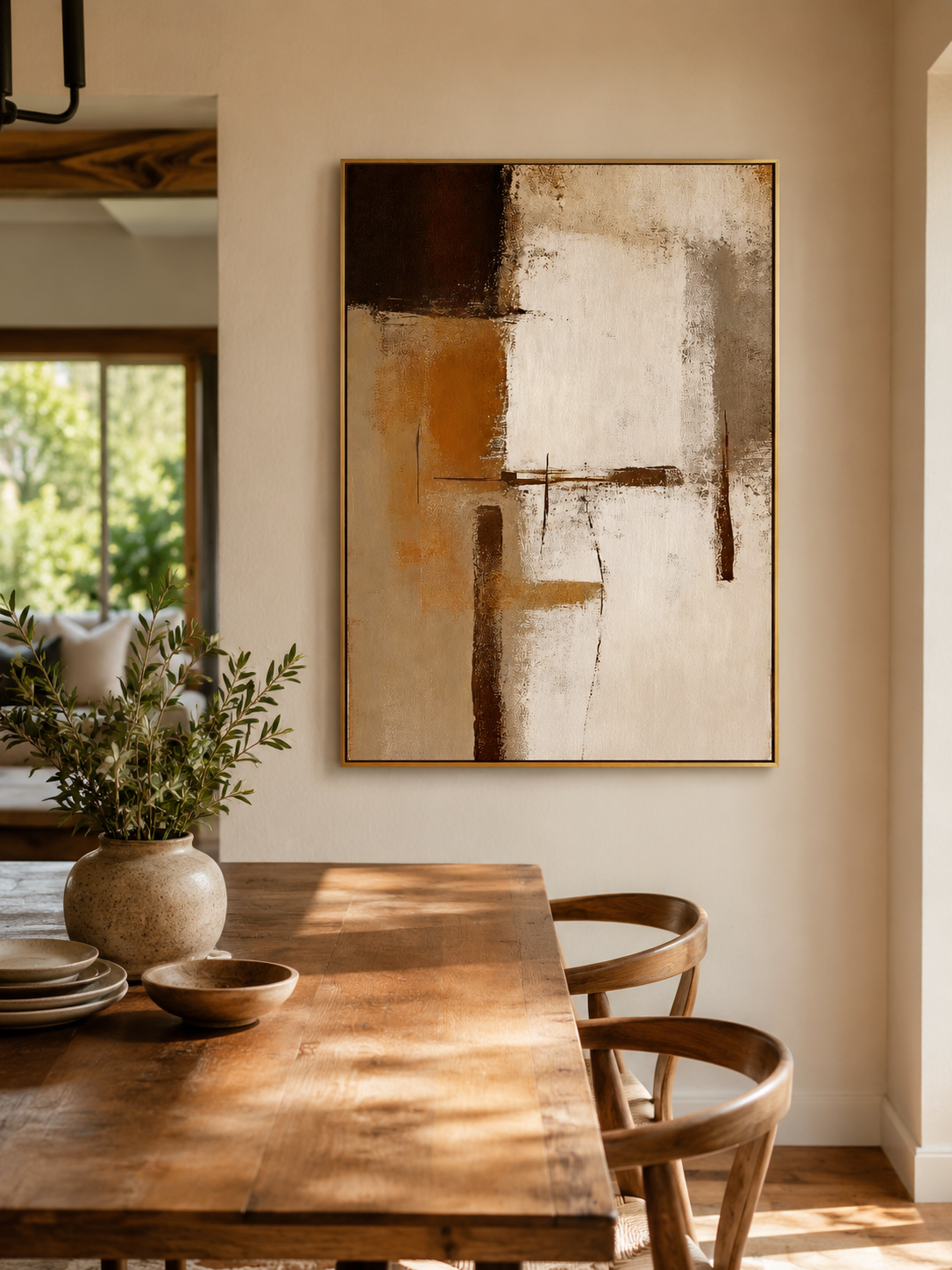 Hand-painted geometric abstract wall art displayed in a modern open-plan dining room