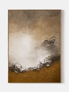 Earth-tone shoreline wall art with textured white waves and ochre-brown sand on a clean white background