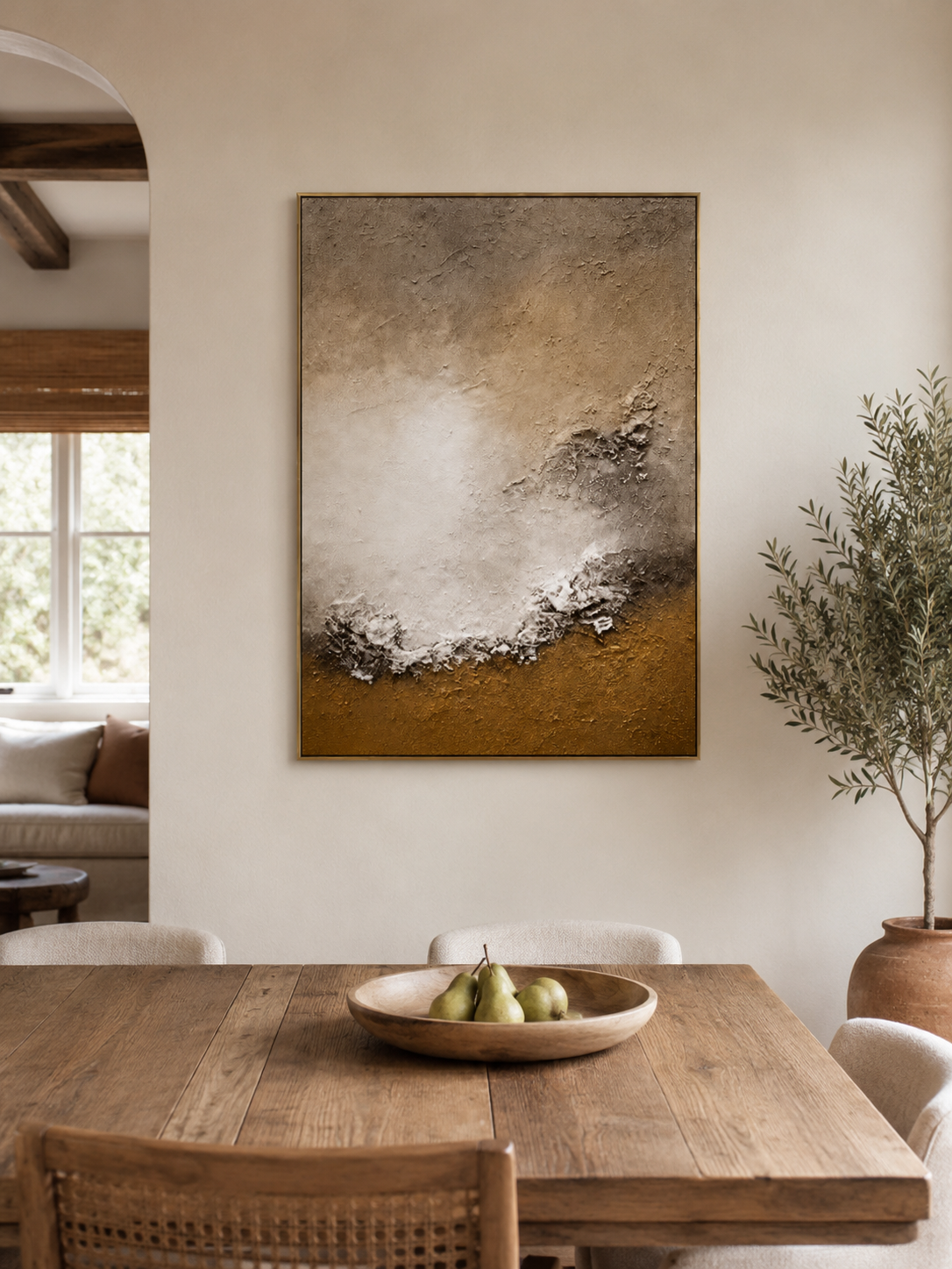 Hand-painted textured coastal wall art displayed in a modern open-plan dining room