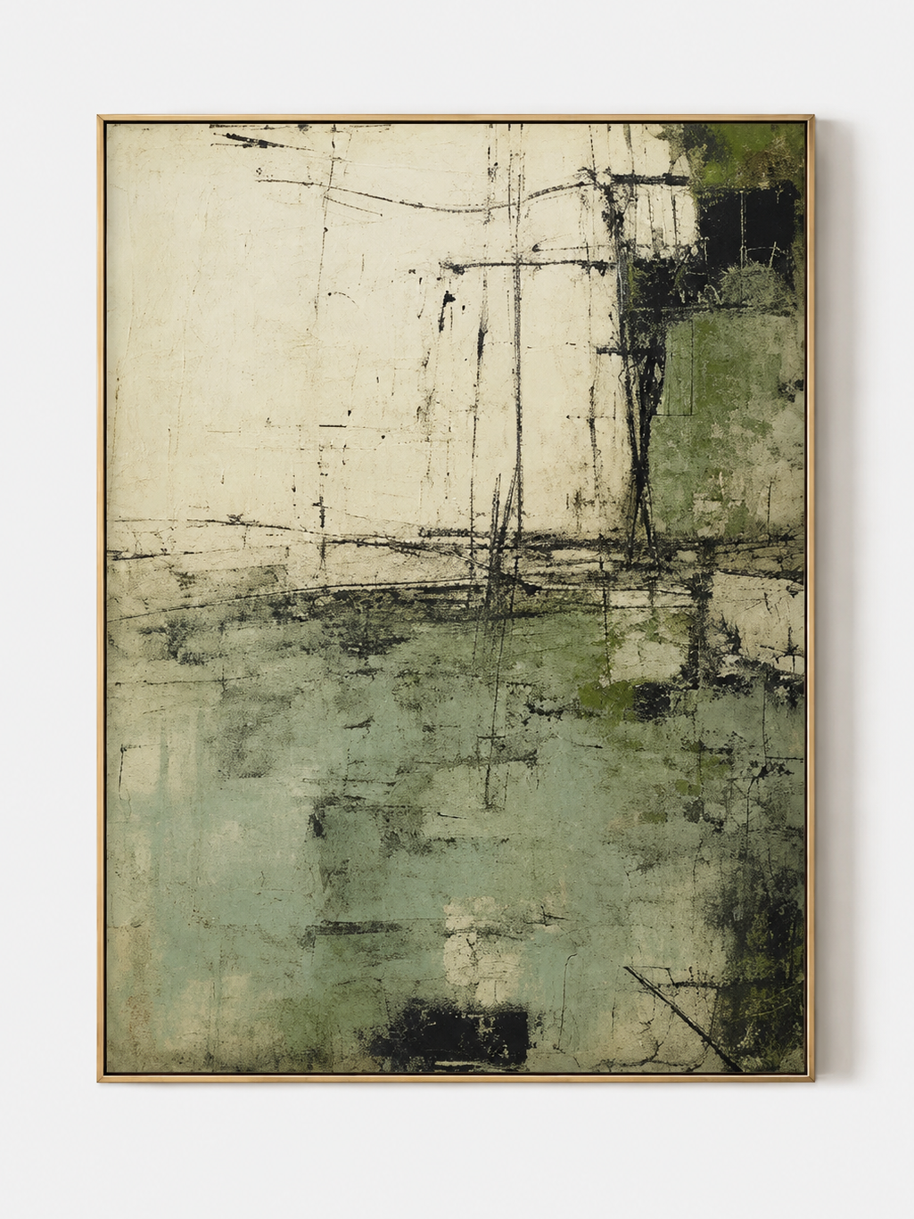 Sage green abstract wall art with ivory color fields and charcoal lines in a slim gold frame