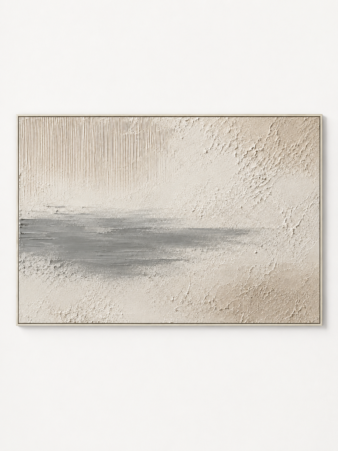 Hand painted wabi sabi textured wall art with neutral beige surface and soft grey horizon by Evelyn Li
