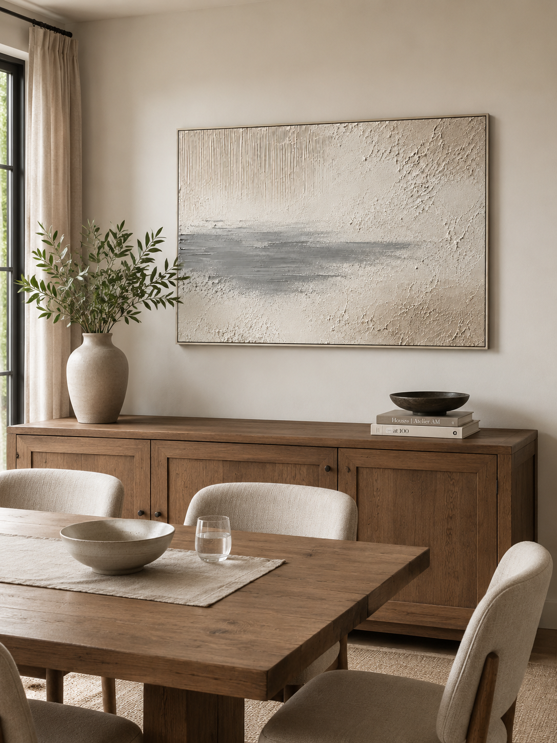 Hand painted beige and grey horizontal canvas art by Evelyn Li