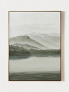 Hand painted sage green misty mountain landscape wall art with calm lake view by Evelyn Li