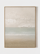 Hand painted minimalist coastal wall art with soft beige beach and seafoam green ocean horizon by Evelyn Li