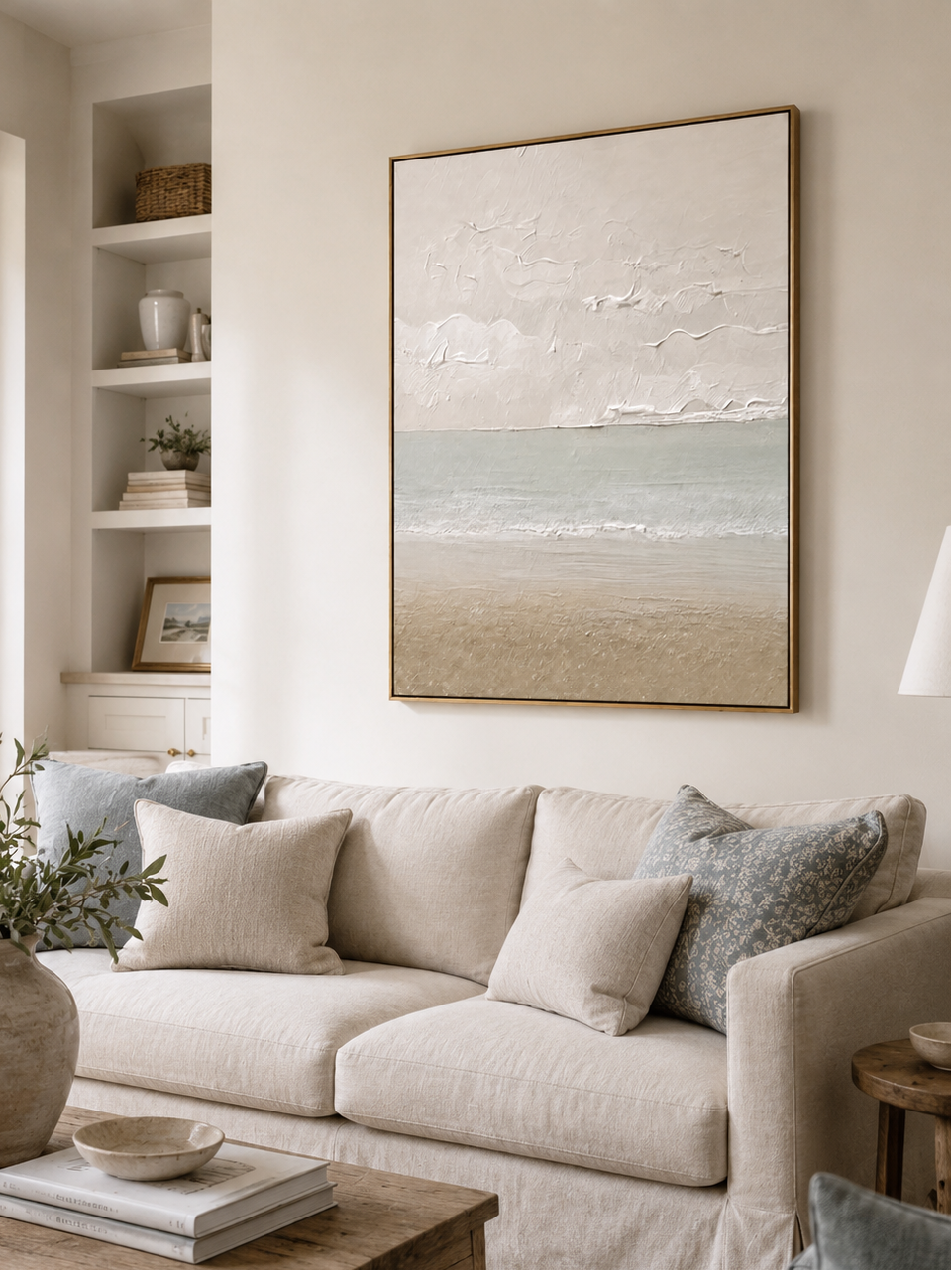 Minimalist seascape wall art with cream sky, pale ocean and soft sand tones
