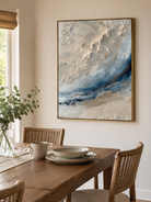 Hand painted coastal wall art with abstract blue wave and 3D palette knife texture