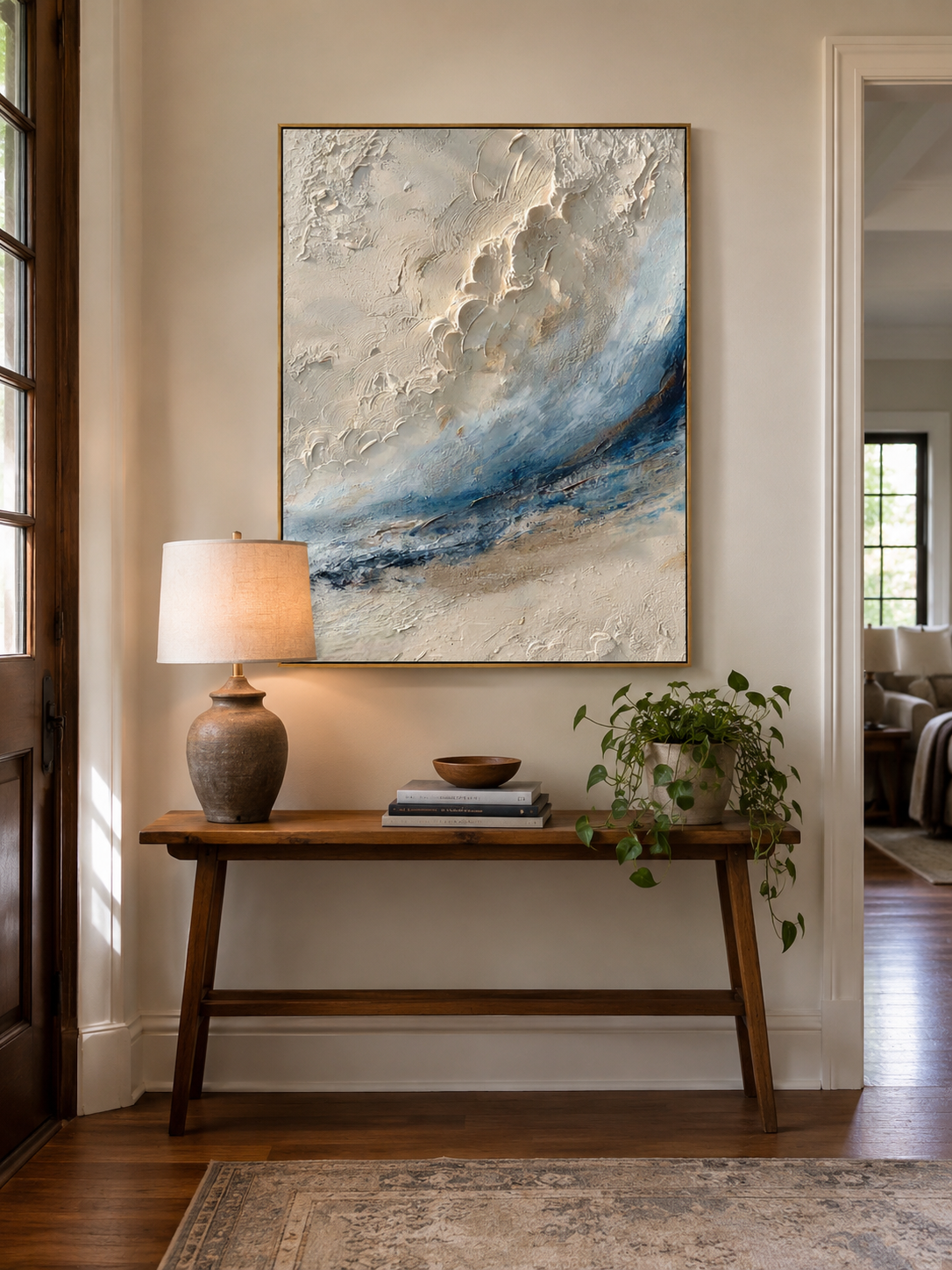 Textured wave wall art with ocean blue, beige and cream coastal tones