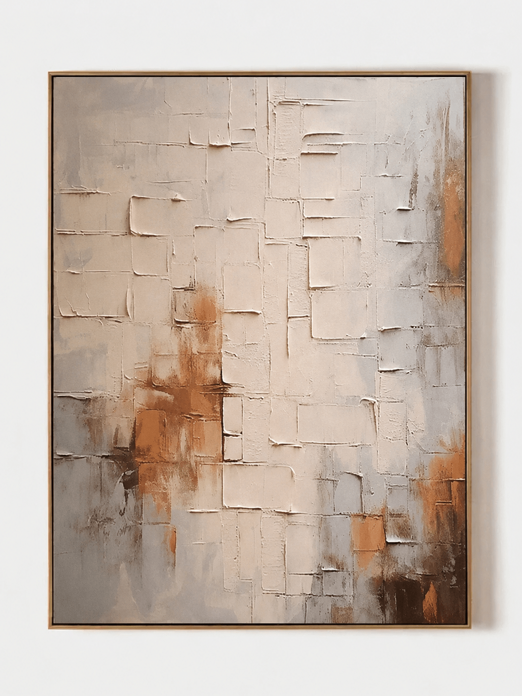 Hand painted textured abstract wall art with warm architectural grid lines and earth tone accents by Eliot Vermeer