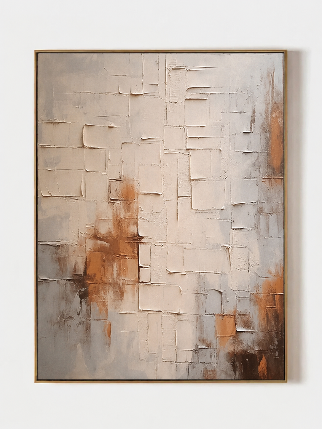 Hand painted textured abstract wall art with warm architectural grid lines and earth tone accents by Eliot Vermeer
