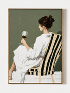 Hand painted modern figurative wall art of a woman in white holding a wine glass against a sage green background by Eleanor Hayes
