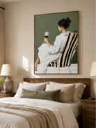 Hand painted figurative canvas of an elegant woman seated with a wine glass