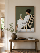 Modern woman wall art with sage green background and expressive impasto texture