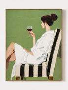 Hand painted modern figurative wall art of a woman in white holding a wine glass against a sage green background by Eleanor Hayes