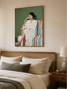 Modern woman wall art with deep sage green background and expressive impasto texture