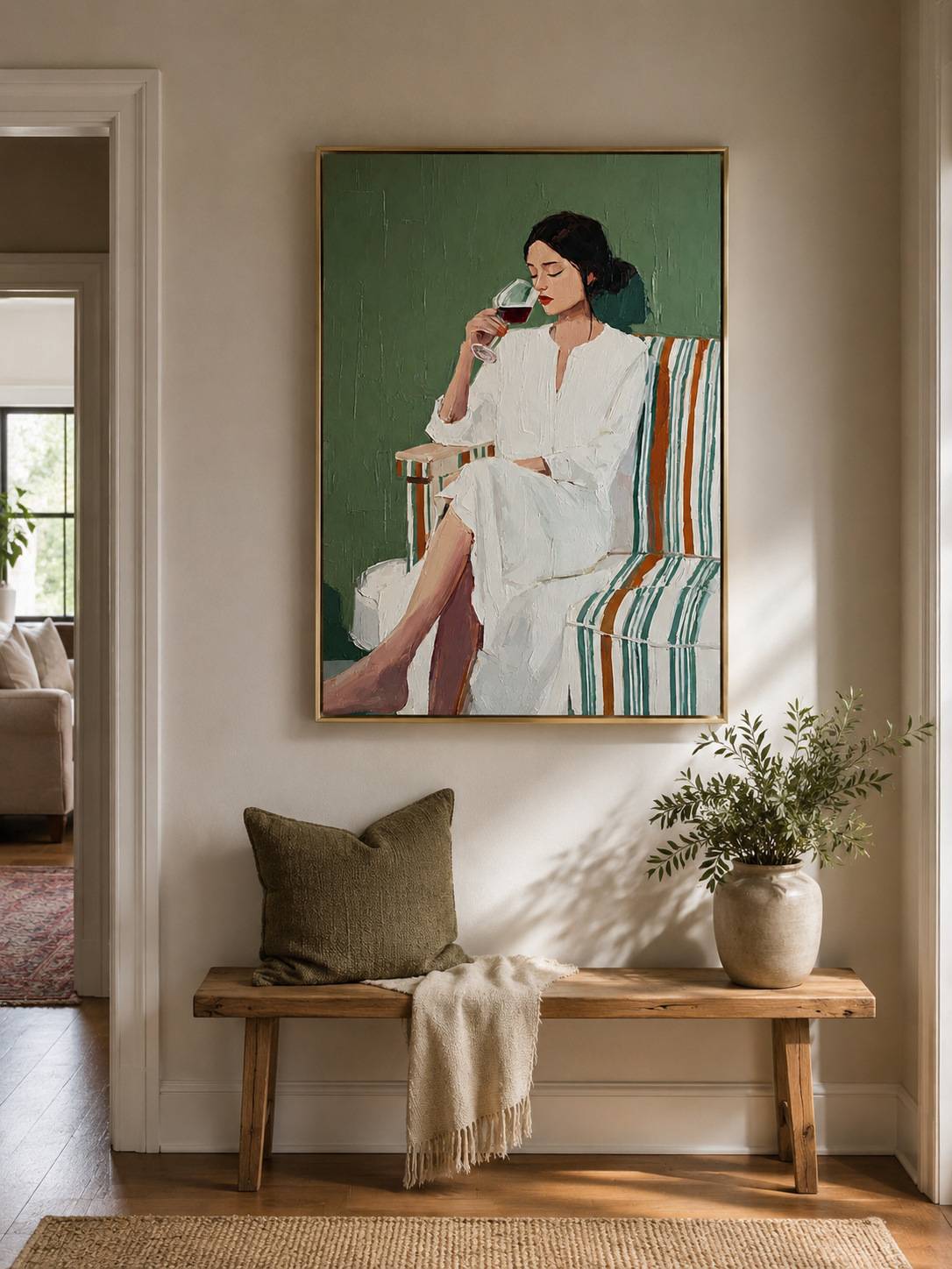 Hand painted figurative canvas of an elegant seated woman holding a wine glass