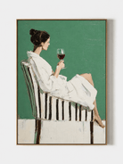 Hand painted modern figurative wall art of a woman in white holding a wine glass against an emerald green background by Eleanor Hayes