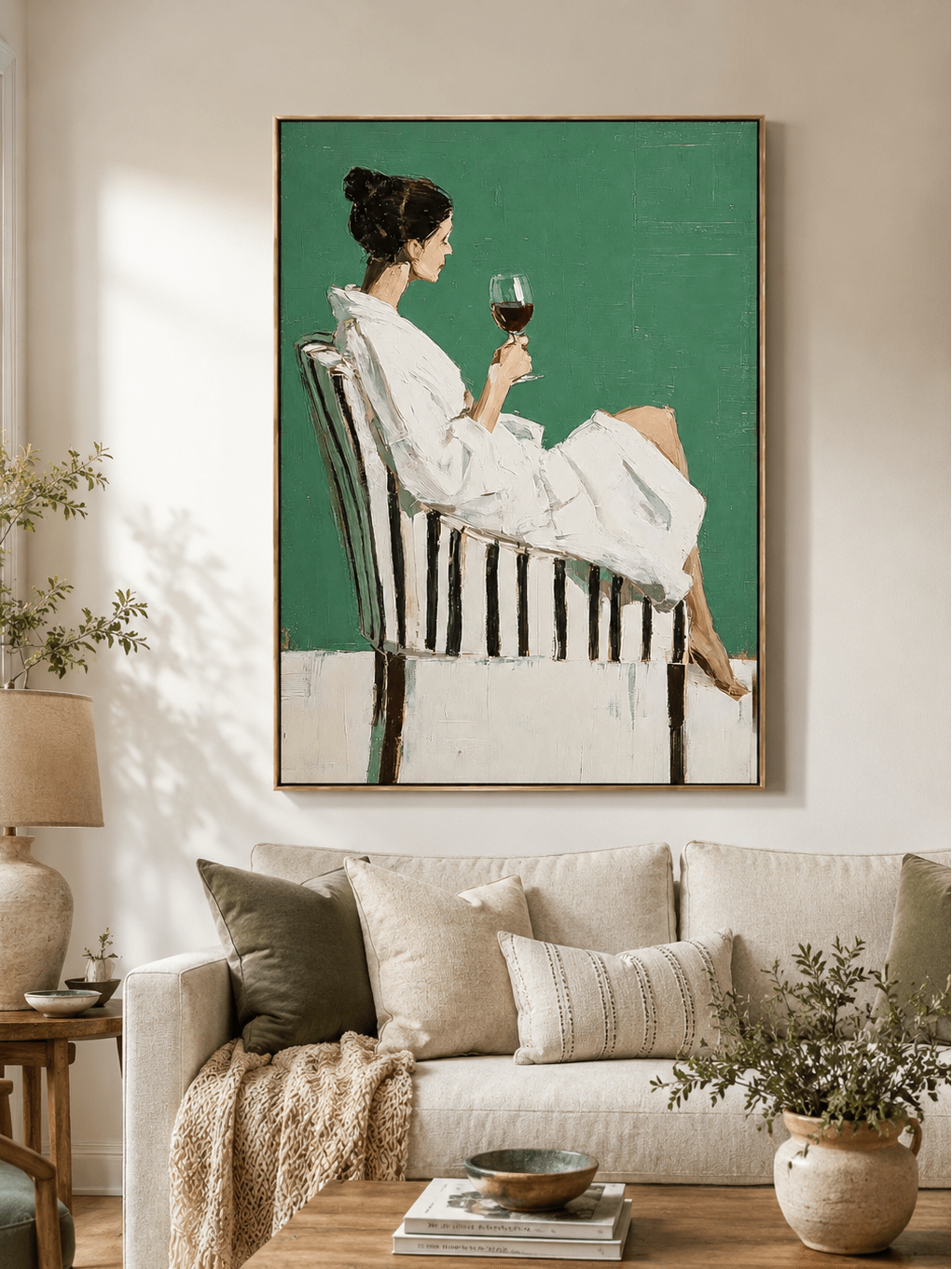 Emerald green figurative wall art displayed in a modern neutral living room